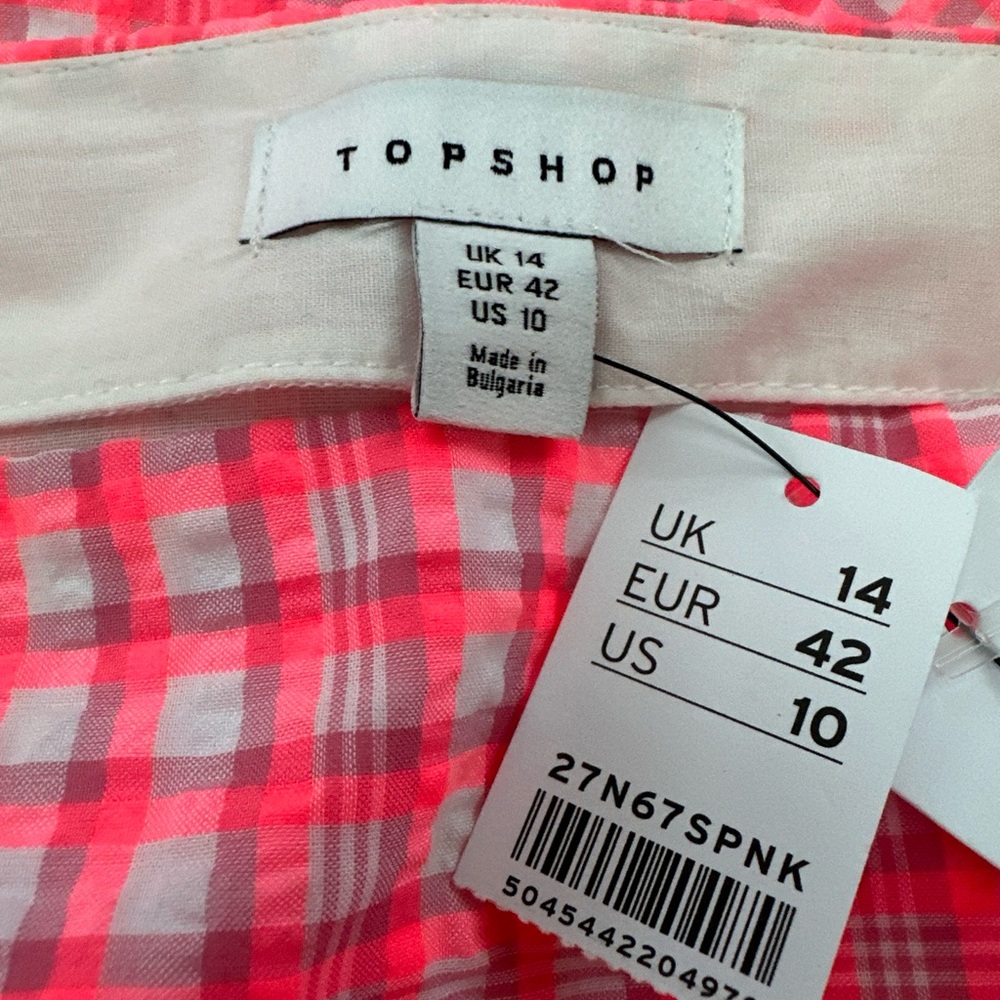NWT Top Shop Seersucker Bright Pink Gingham Neon Maxi Skirt Sze 10 Drop Waist - Picture 6 of 8